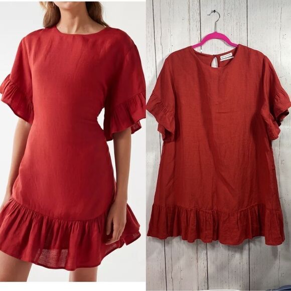 Urban Outfitters Red Linen Blend Ruffle Hem Mini Dress Size L Boho Romantic Chic - Picture 1 of 14